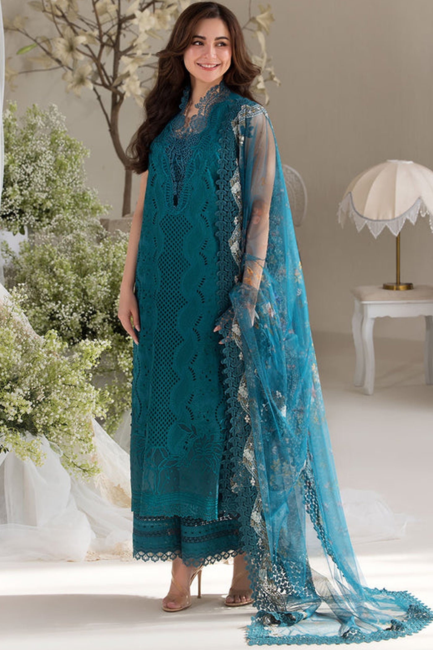 SOBIA NAZIR-3PC DHANAK CHIKAN EMBROIDERED SHIRT WITH COURTRAI PRINTED SHAWL AND TROUSER WM-4096