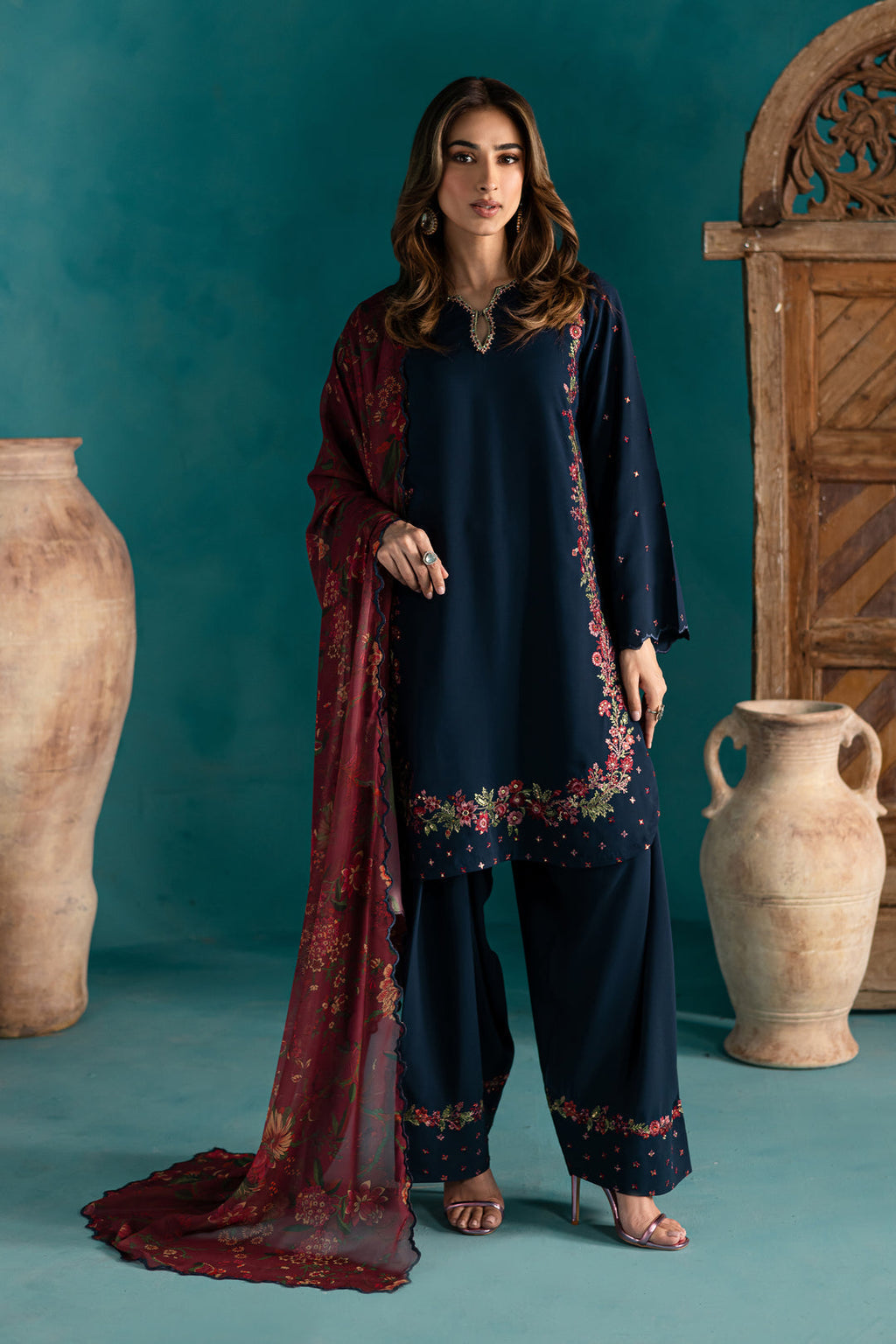 BATIK-3PC DHANAK EMBROIDERED SHIRT WITH COURTRAI PRINTED SHAWL & EMB TROUSER-WM-4231