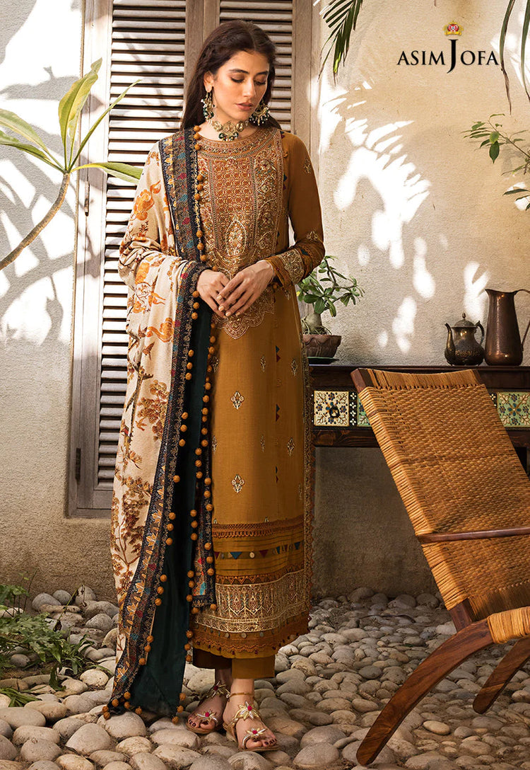 ASIM JOFA-3PC DHANAK EMBROIDERED SHIRT WITH COURTRAI PRINTED SHAWL & TROUSR-WM-4135