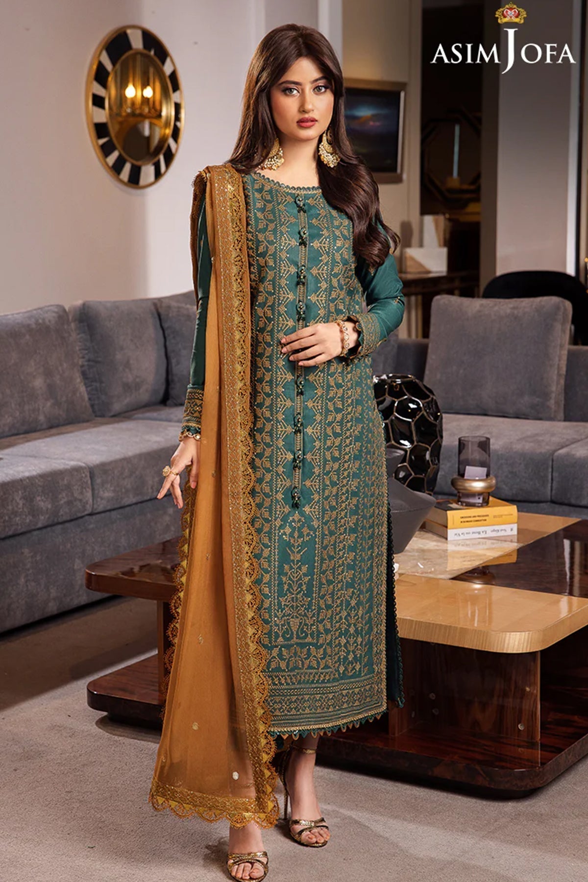 ASIM JOFA-3PC DHANAK EMBROIDERED SHIRT WITH CHIFFON EMBROIDERED DUPATTA AND TROUSER -WM-4153