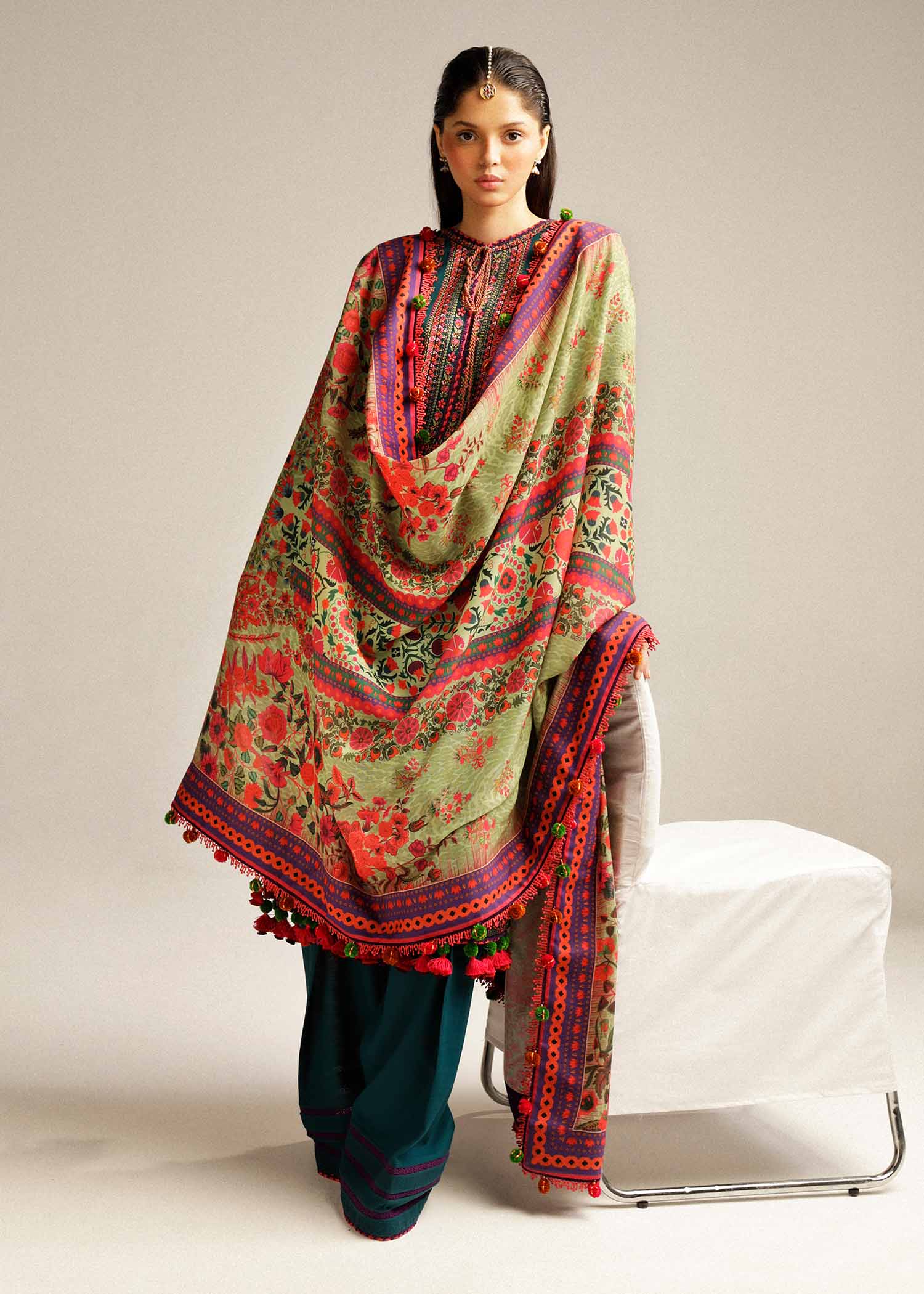 HUSSAIN REHAR LUXURY UNSTITCHED DHANAK EMBROIDERED 3PC WITH DHANAK MARINA READY TO WEAR SHAWL