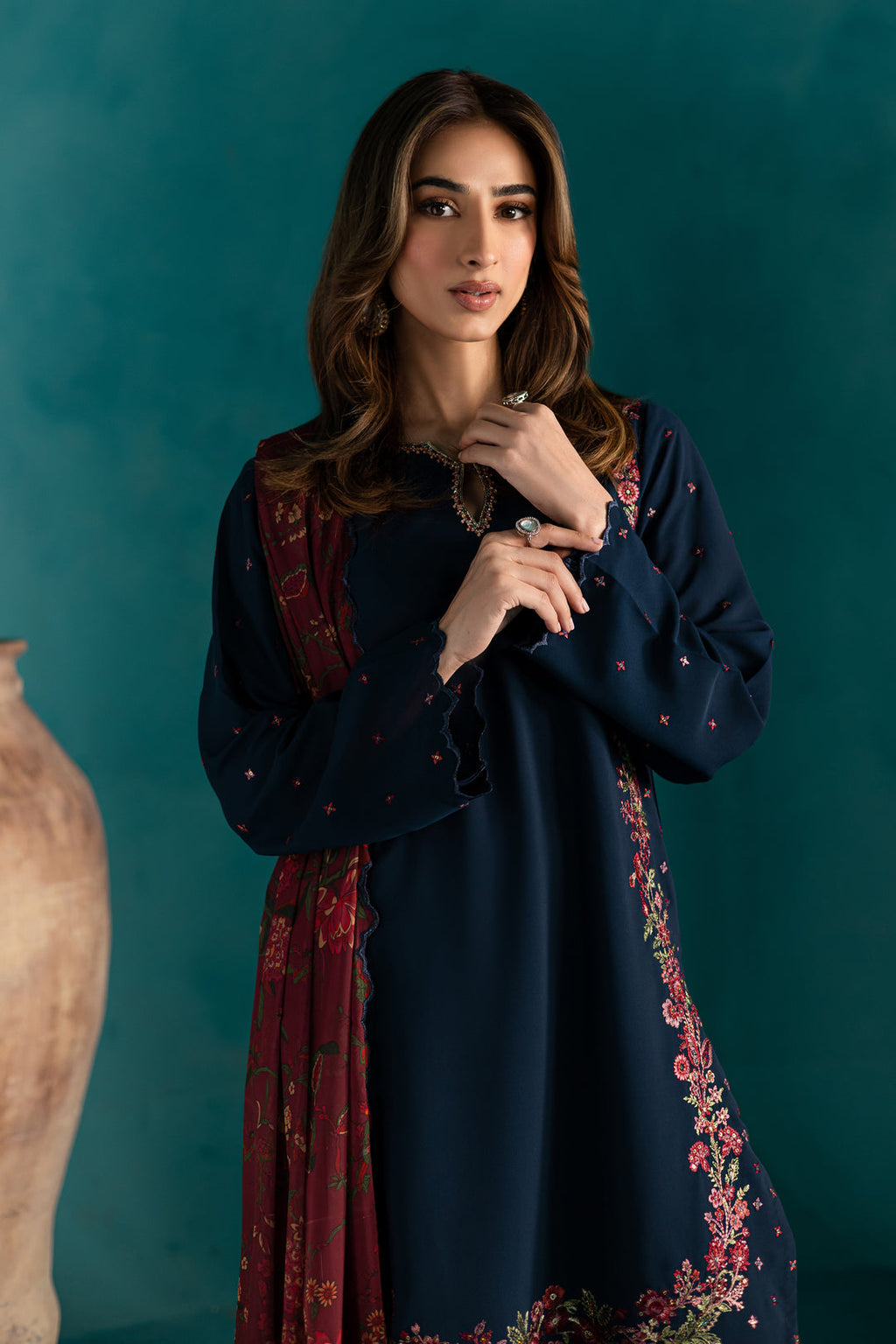 BATIK-3PC DHANAK EMBROIDERED SHIRT WITH COURTRAI PRINTED SHAWL & EMB TROUSER-WM-4231