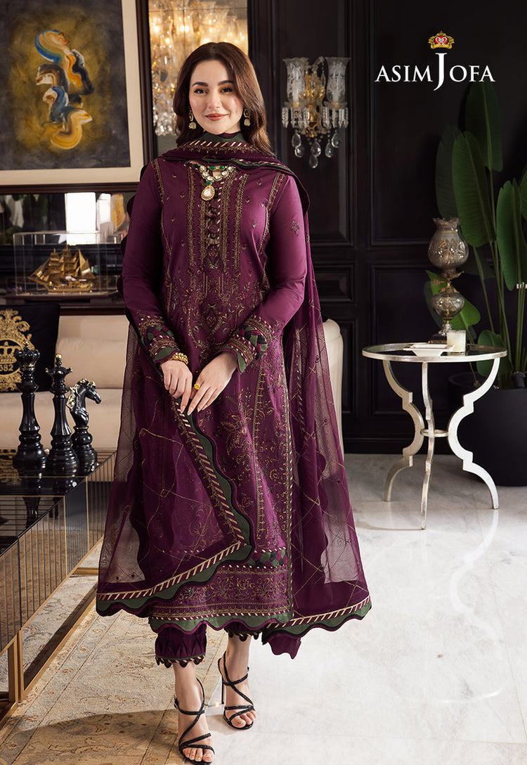 ASIM JOFA-3PC DHANAK EMBROIDERED SHIRT WITH DHANAK EMBROIDERED SHAWL & DHANAK TOUSER-WM-4291