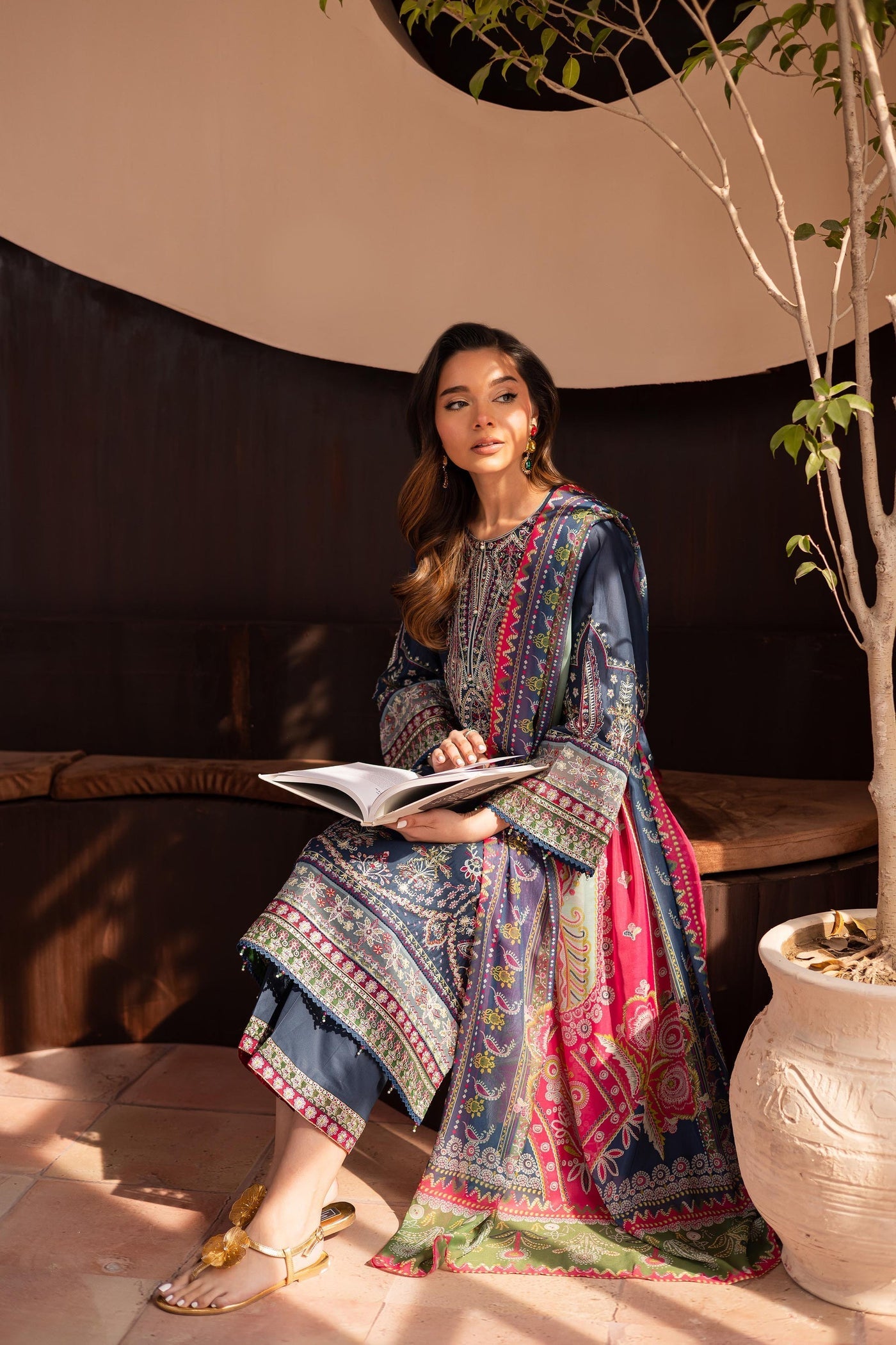 BATIK-3PC DHANAK SEQUENCE EMBROIDERED SHIRT WITH COUTRAI PRINTED SHAWL & DHANAK EMB TOUSER-BIC-4179