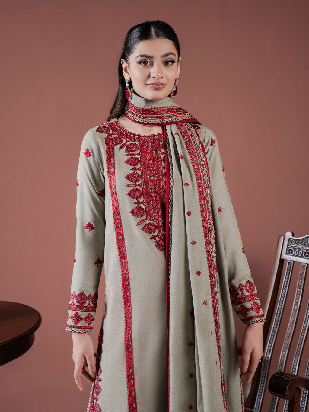 ASIM JOFA-3PC DHANAK EMBROIDERED SHIRT WITH DHANAK EMBROIDERED SHAWL AND EMB TROUSER-WM-4001