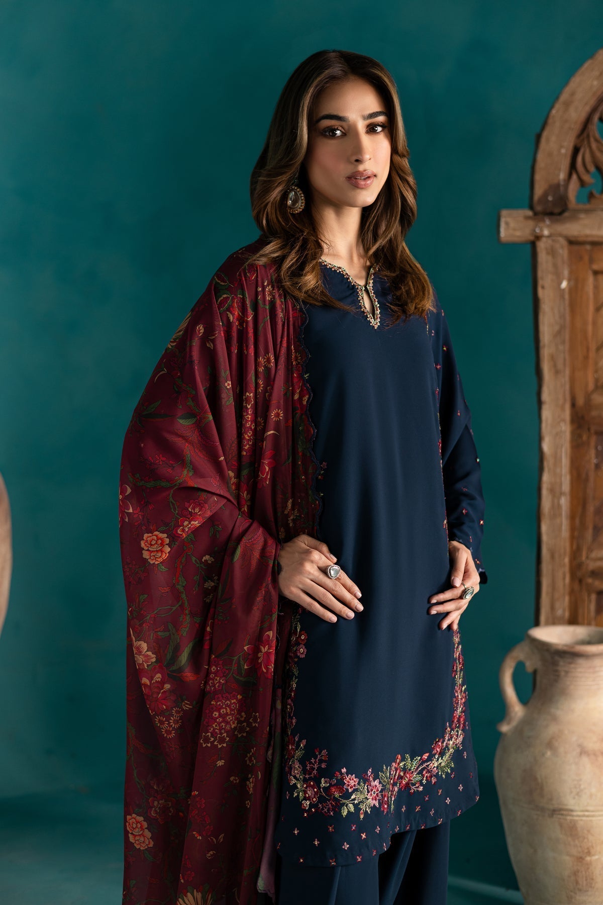 BATIK-3PC DHANAK EMBROIDERED SHIRT WITH COURTRAI PRINTED SHAWL & EMB TROUSER-WM-4231