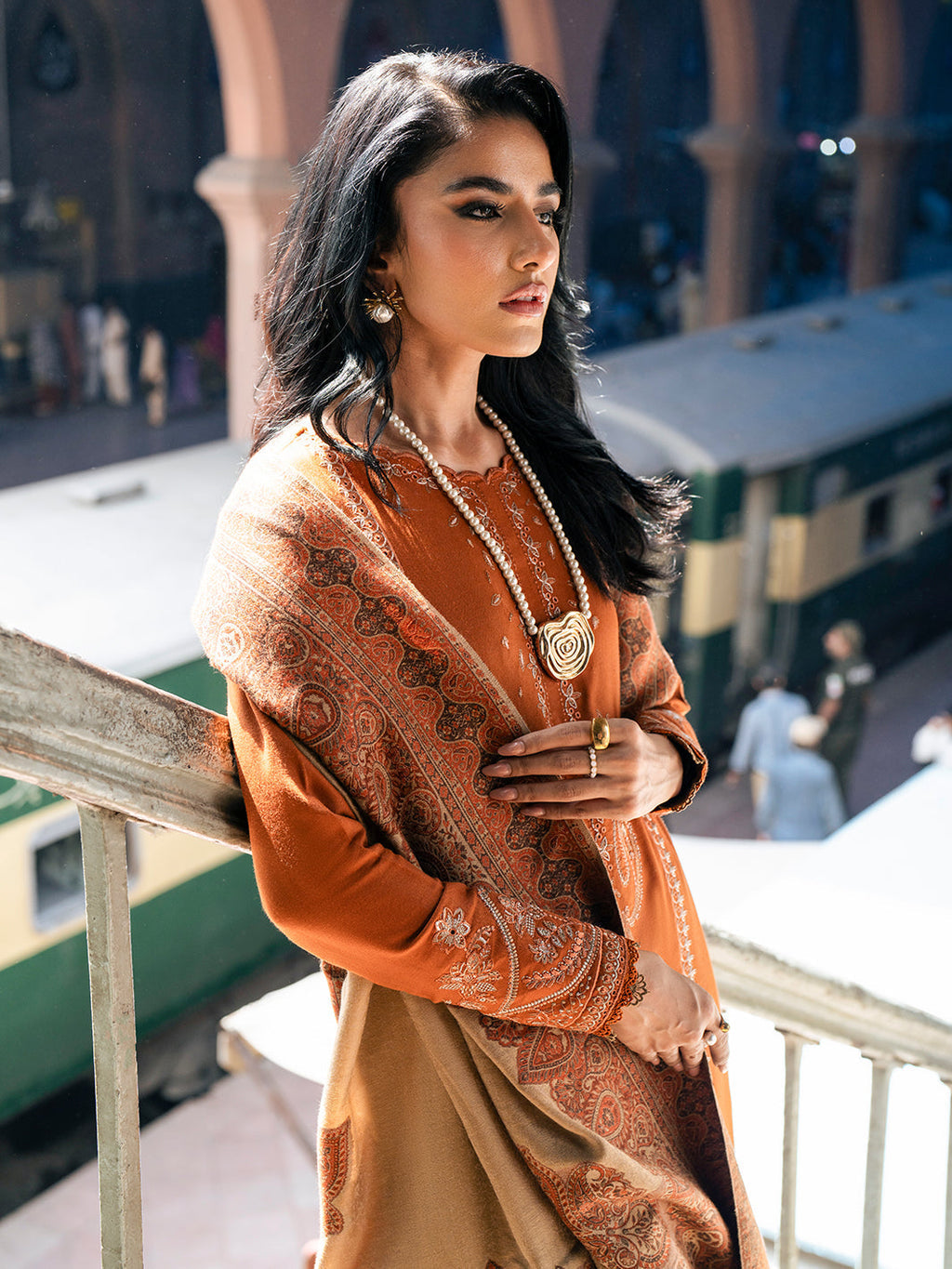 IZEL-3PC DHANAK EMBROIDERED SHIRT WITH COURTRAI PRINTED SHAWL AND TROUSER-WM-4146