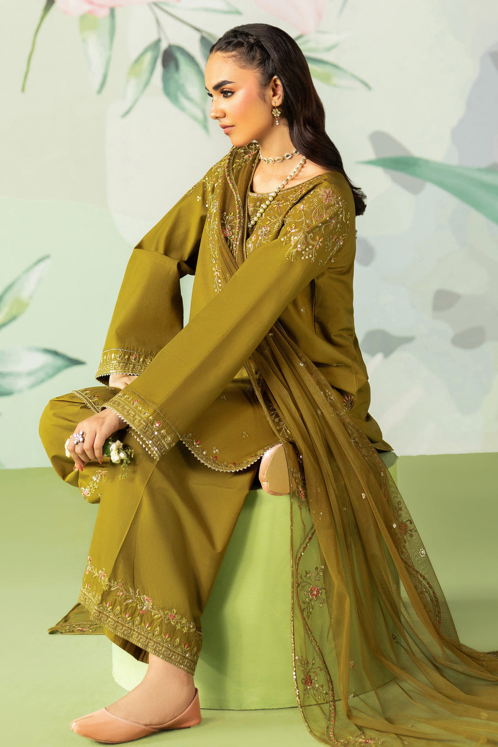ETHNC-3PC DHANAK SEQUIN EMBROIDERED SHIRT WITH COTTON NET EMBROIDERED DUPATTA AND TROUSER-WM-4194