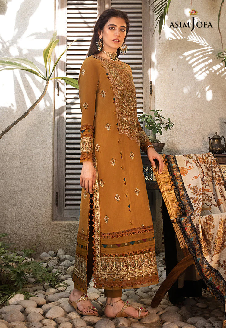 ASIM JOFA-3PC DHANAK EMBROIDERED SHIRT WITH COURTRAI PRINTED SHAWL & TROUSR-WM-4135
