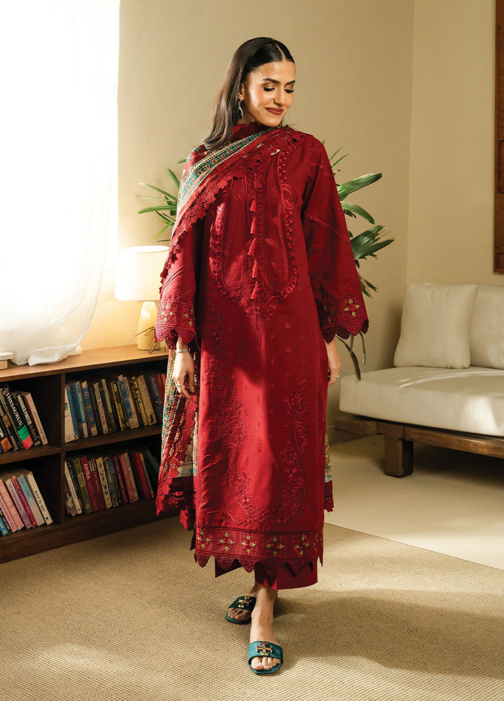 BATIK-3PC DHANAK EMBROIDERED SHIRT WITH COUTRAI WOOL PRINTED SHAWL AND TROUSER-BIC-4138