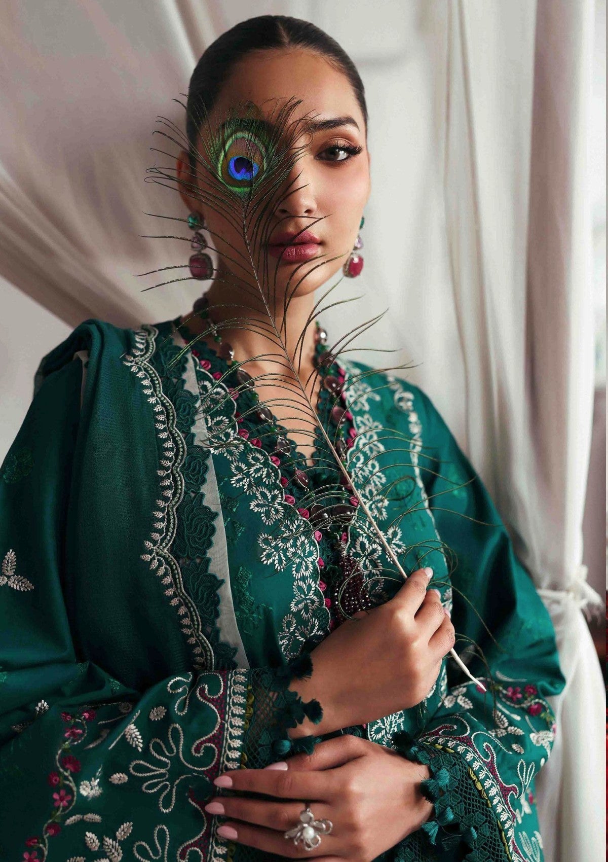 REPUBLIC WOMENSWEAR-3PC DHANAK EMBROIDERED SHIRT WITH COURTRAI PRINTED SHAWL & DHANAK TOUSER-BIC-4251