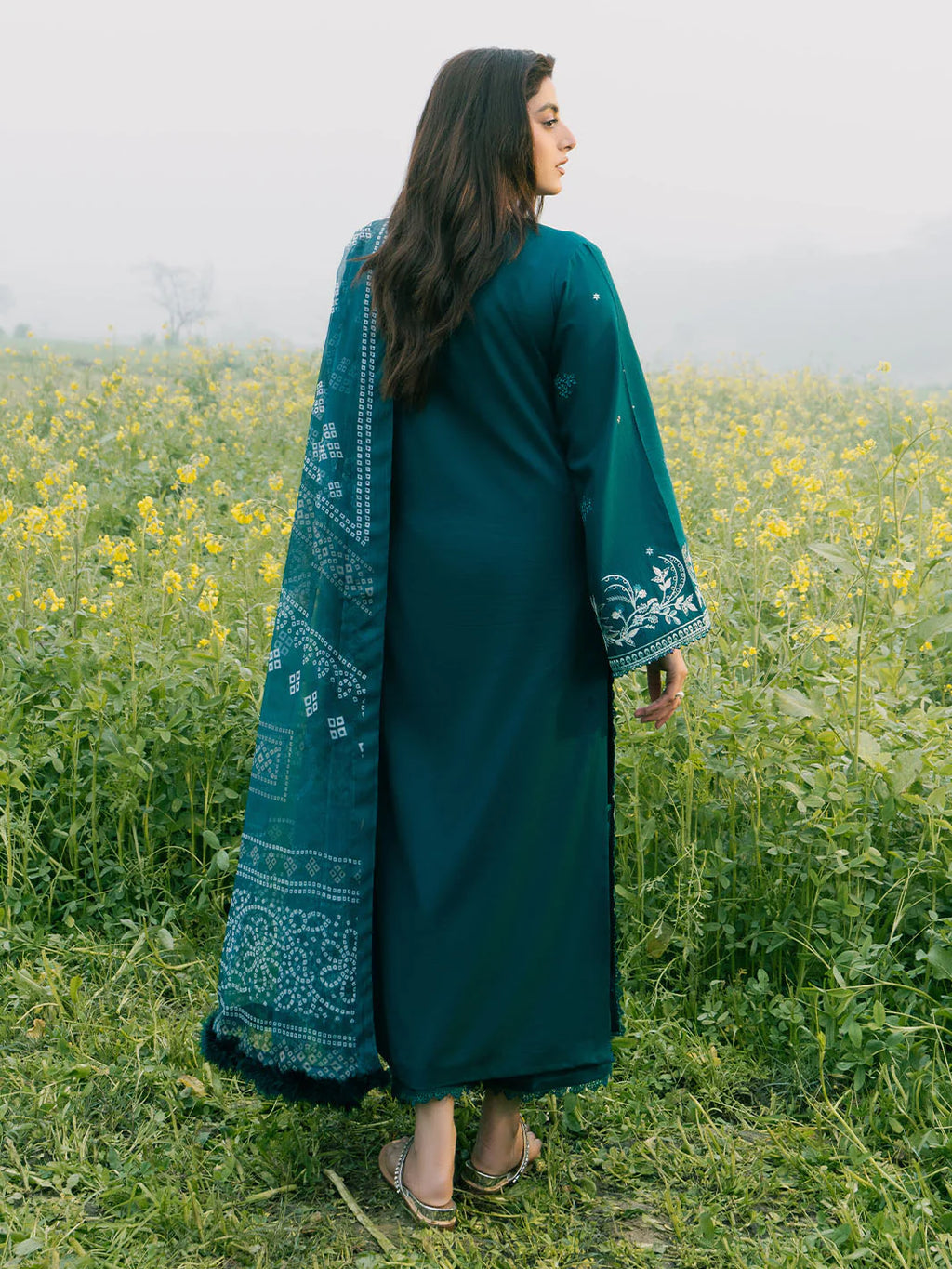 IZEL-3PC DHANAK EMBROIDERED SHIRT WITH COURTRAI PRINTED SHAWL AND TROUSER-BIC-4107