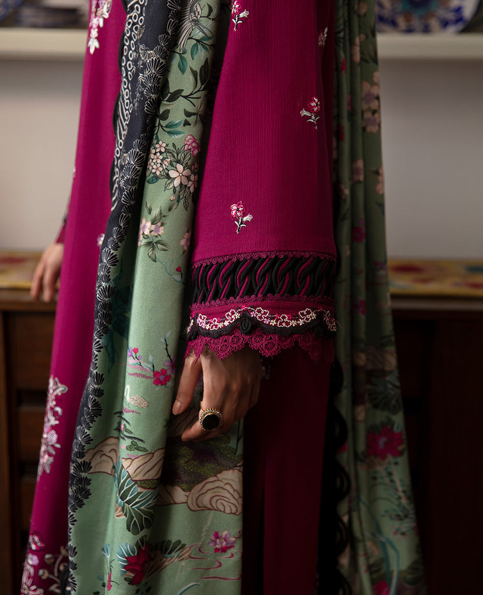 REPUBLIC-3PC DHANAK SEQUENCE EMBROIDERED SHIRT WITH COURTRAI PRINTED SHAWL & DHANAK TOUSER-WM-4209