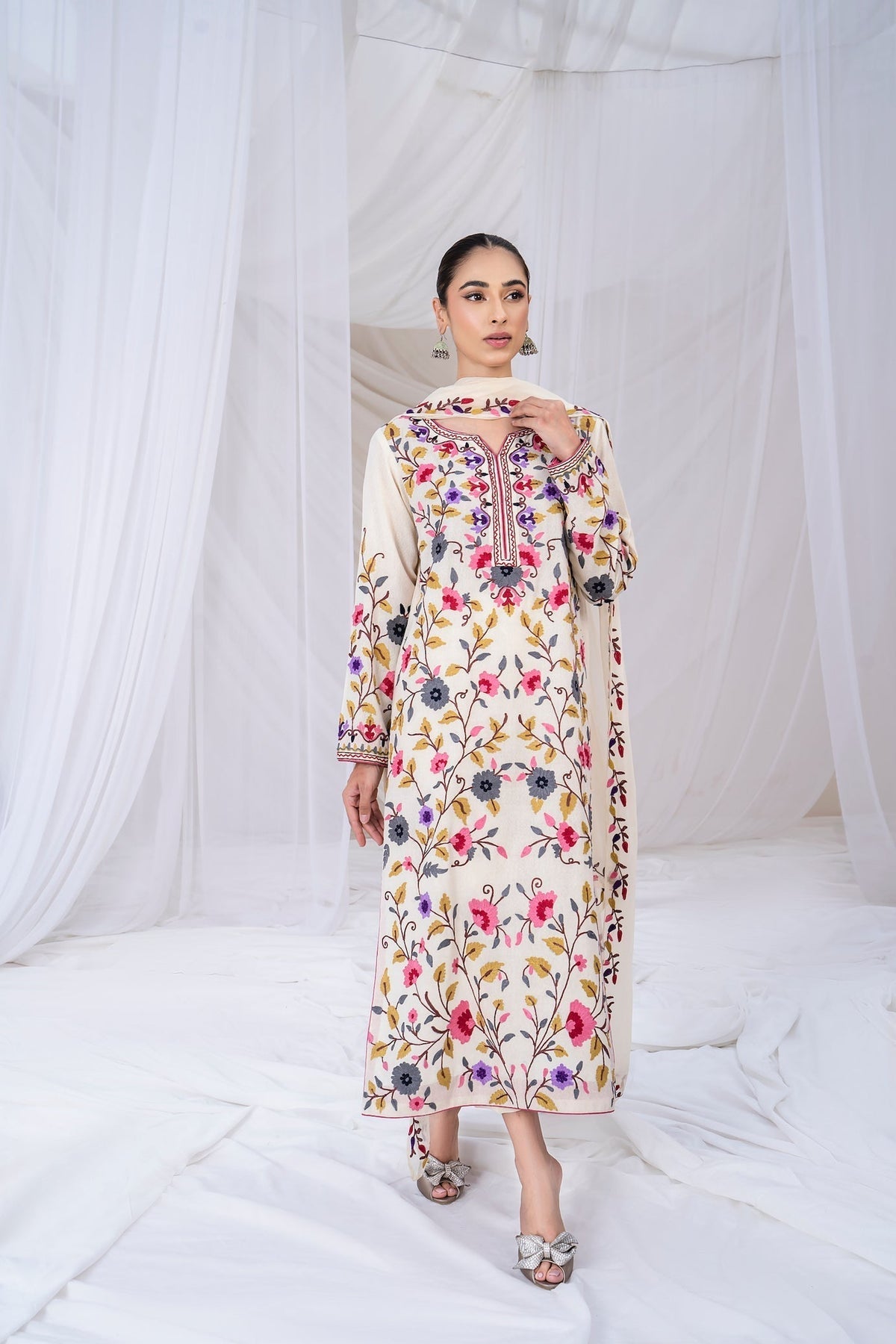 SAPPHIRE-3PC DHANAK EMBROIDERED SHIRT WITH BAMBER CHIFFON EMBROIDERED DUPATTA & TROUSER-WM-4299