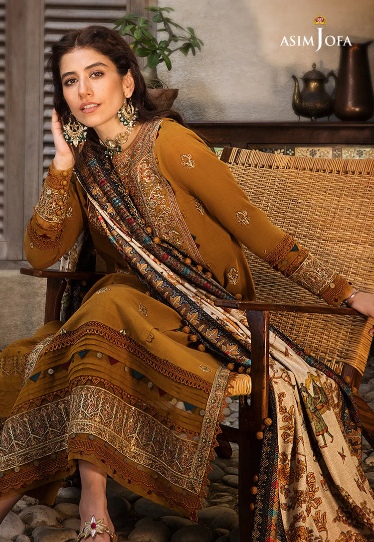 ASIM JOFA-3PC DHANAK EMBROIDERED SHIRT WITH COURTRAI PRINTED SHAWL & TROUSR-WM-4135