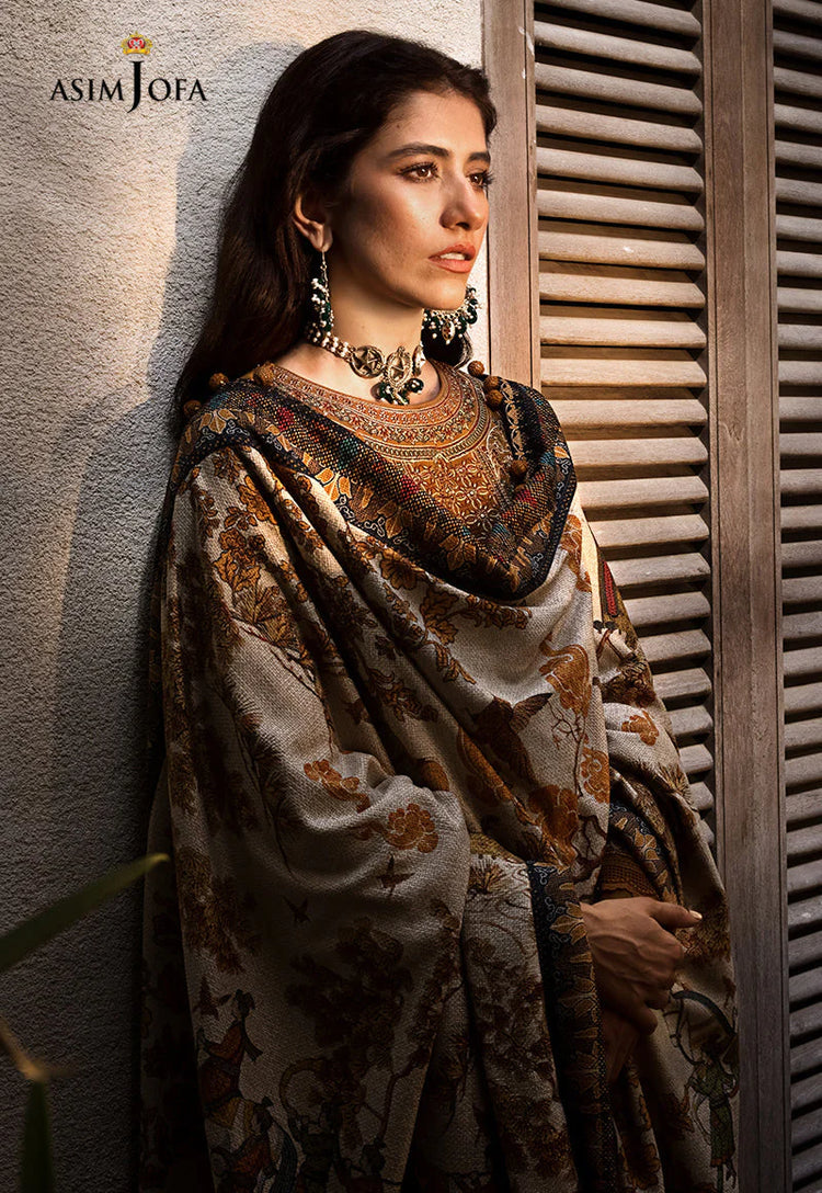 ASIM JOFA-3PC DHANAK EMBROIDERED SHIRT WITH COURTRAI PRINTED SHAWL & TROUSR-WM-4135