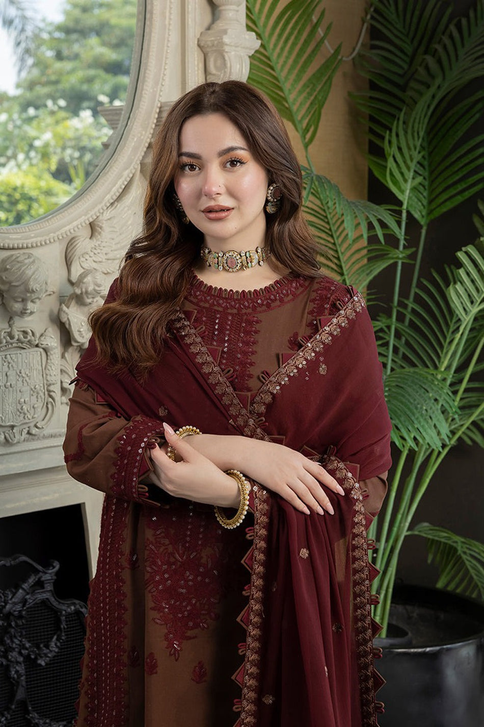 ASIM JOFA-3PC DHANAK EMBROIDERED SHIRT WITH DHANAK EMBROIDERED DUPATTA AND TROUSER-WM-3647