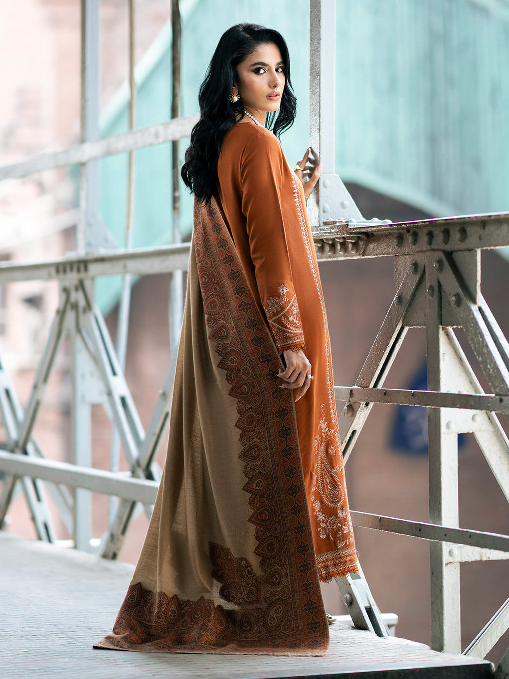 IZEL-3PC DHANAK EMBROIDERED SHIRT WITH COURTRAI PRINTED SHAWL AND TROUSER-WM-4146