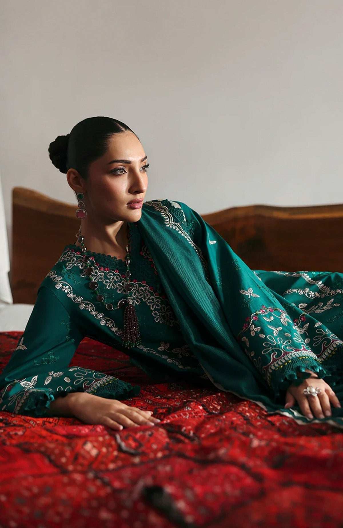 REPUBLIC WOMENSWEAR-3PC DHANAK EMBROIDERED SHIRT WITH COURTRAI PRINTED SHAWL & DHANAK TOUSER-BIC-4251