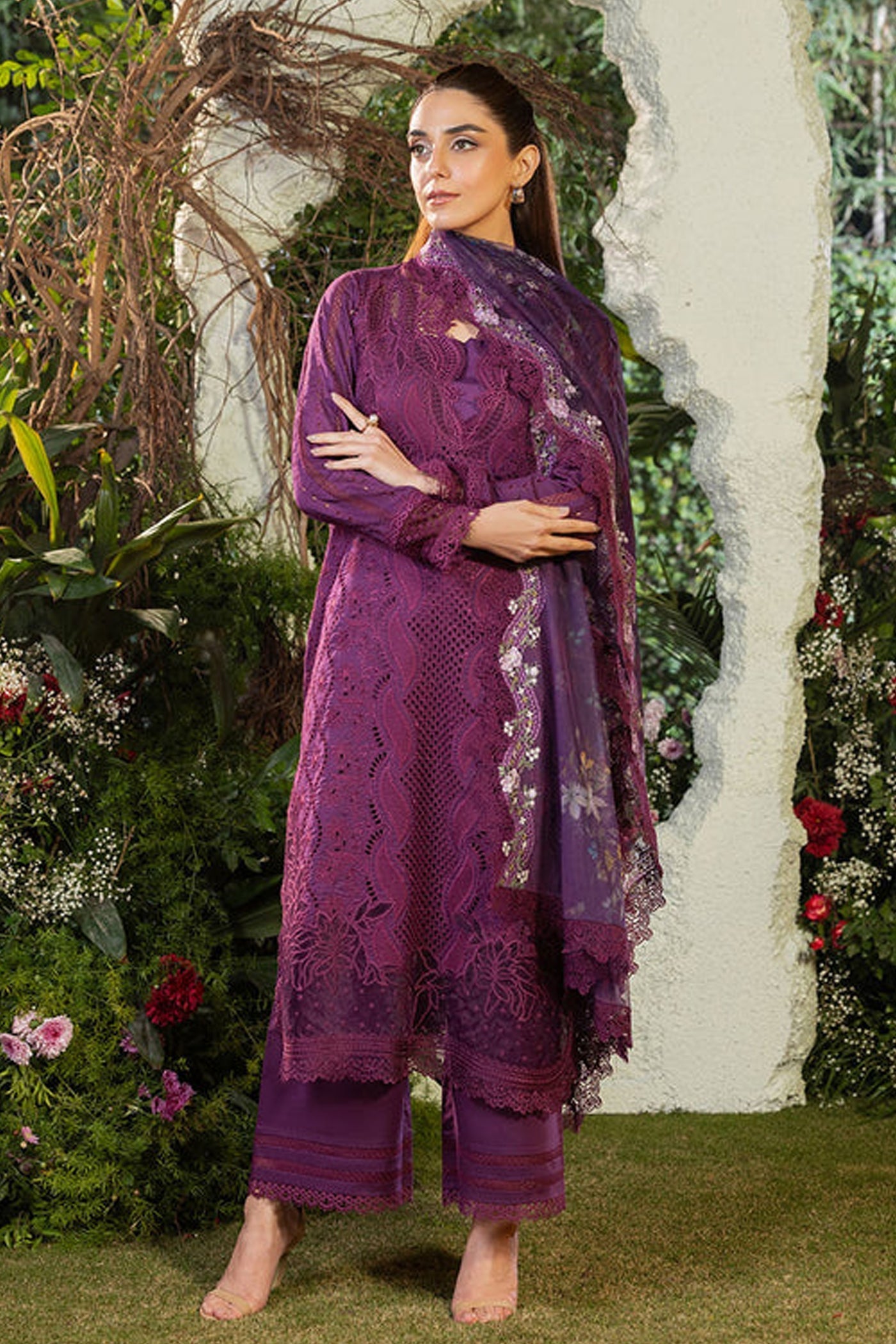 SOBIA NAZIR-3PC DHANAK CHIKAN EMBROIDERED SHIRT WITH COURTRAI PRINTED SHAWL AND TROUSER WM-4097
