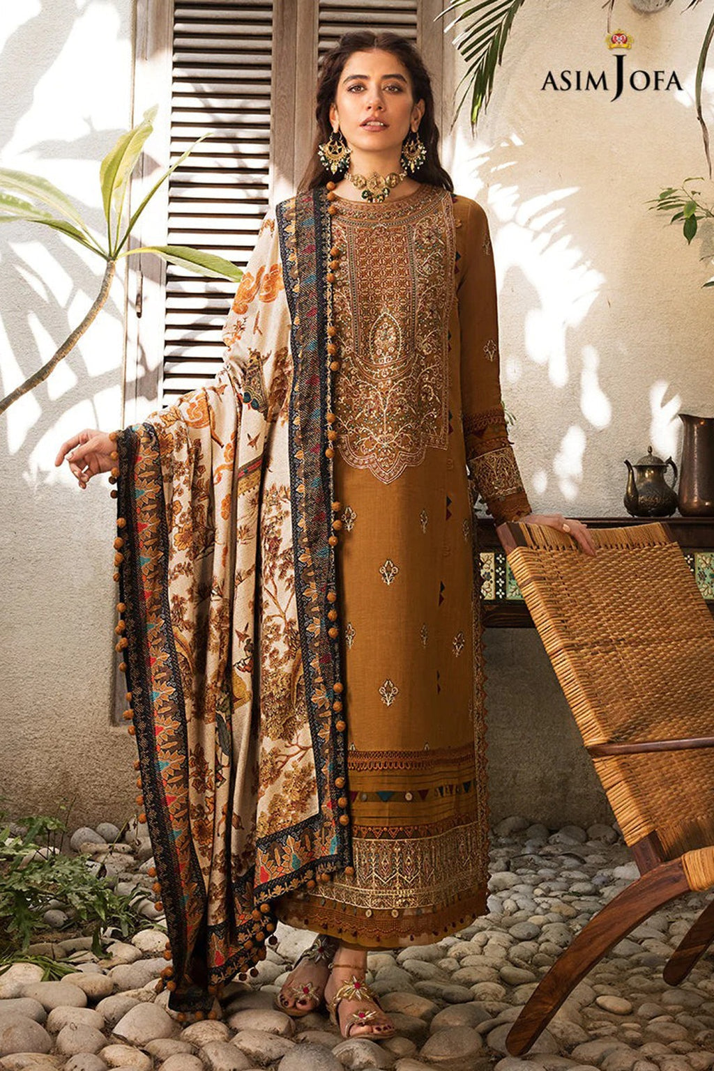 ASIM JOFA-3PC DHANAK EMBROIDERED SHIRT WITH COURTRAI PRINTED SHAWL & TROUSR-WM-4135
