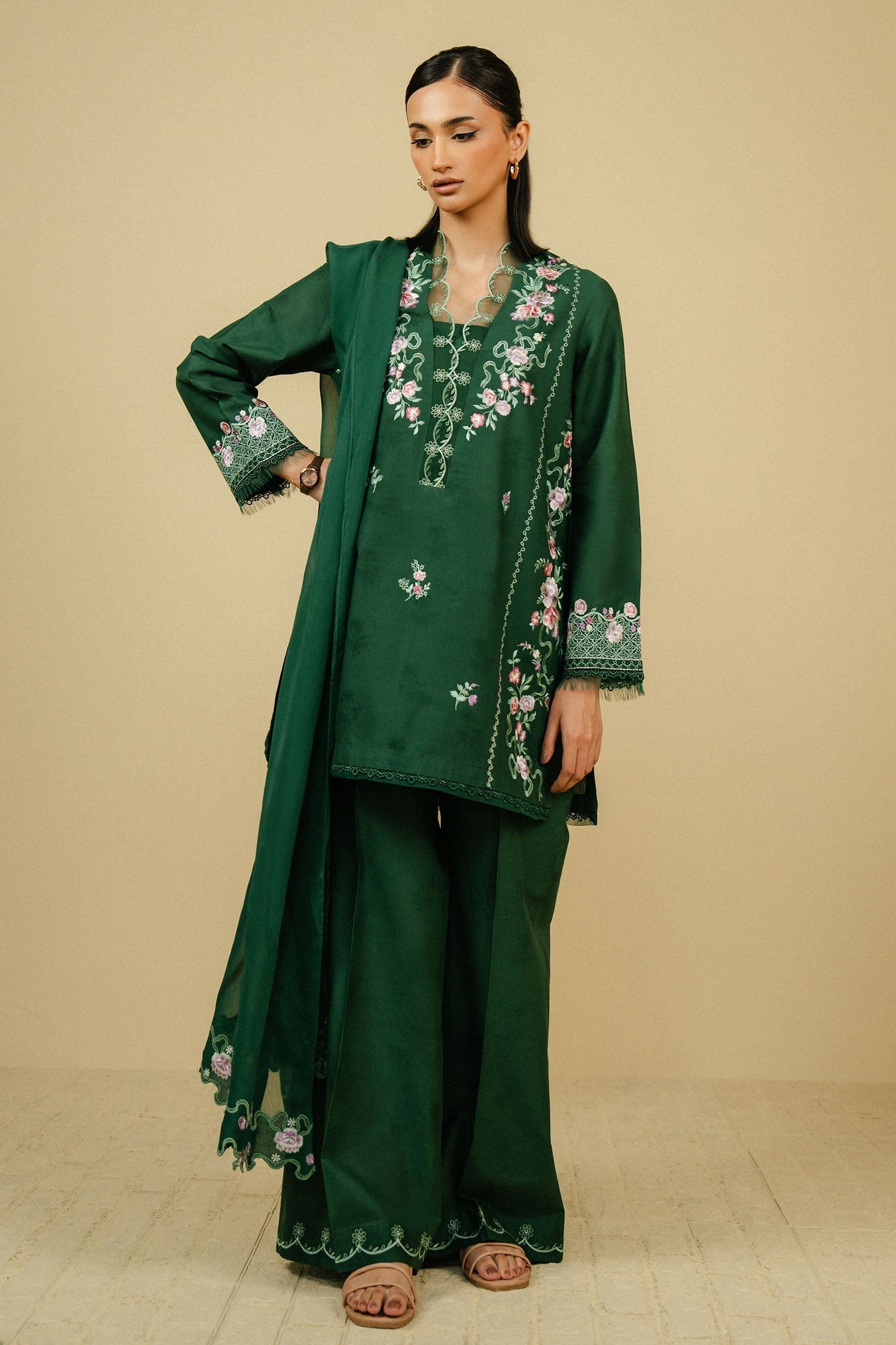 ZAHRA SHAHJAHAN-3PC DHANAK EMBROIDERED SHIRT WITH CHIFFON EMBROIDRED DUPATTA AND TROUSER-WM-3267