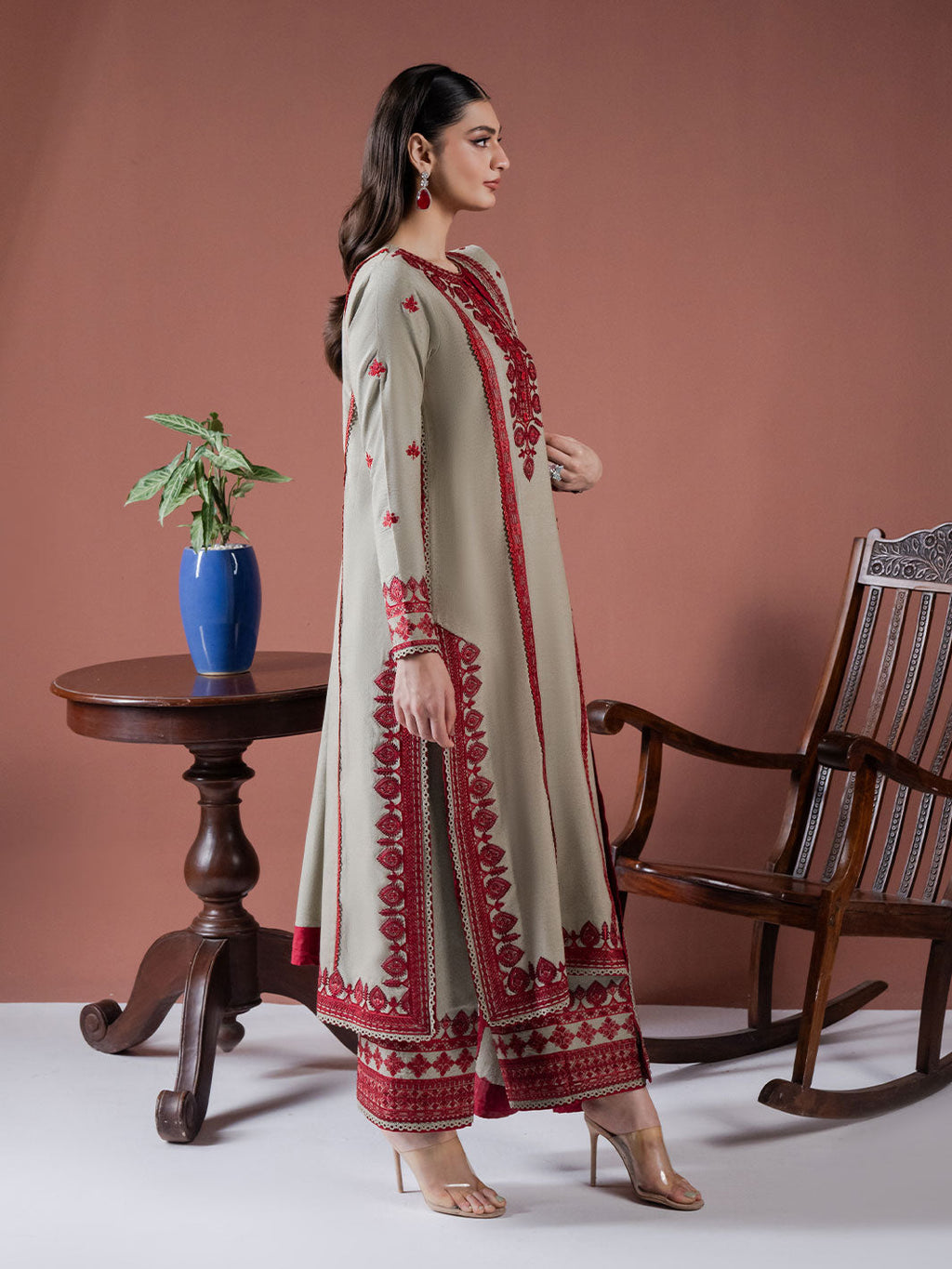 ASIM JOFA-3PC DHANAK EMBROIDERED SHIRT WITH DHANAK EMBROIDERED SHAWL AND EMB TROUSER-WM-4001