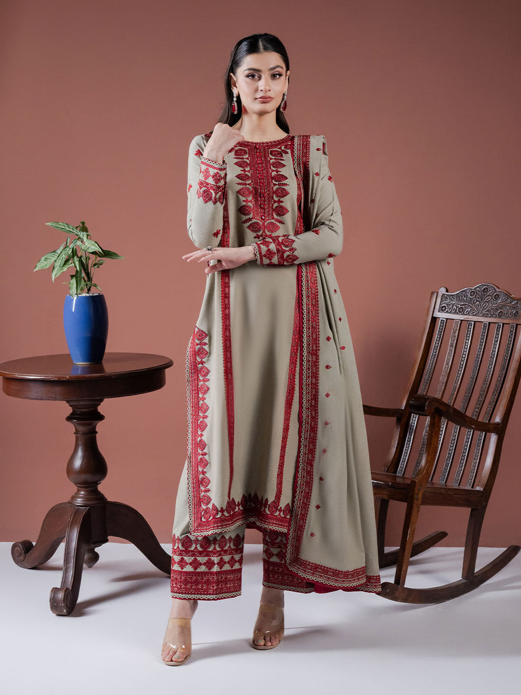 ASIM JOFA-3PC DHANAK EMBROIDERED SHIRT WITH DHANAK EMBROIDERED SHAWL AND EMB TROUSER-WM-4001