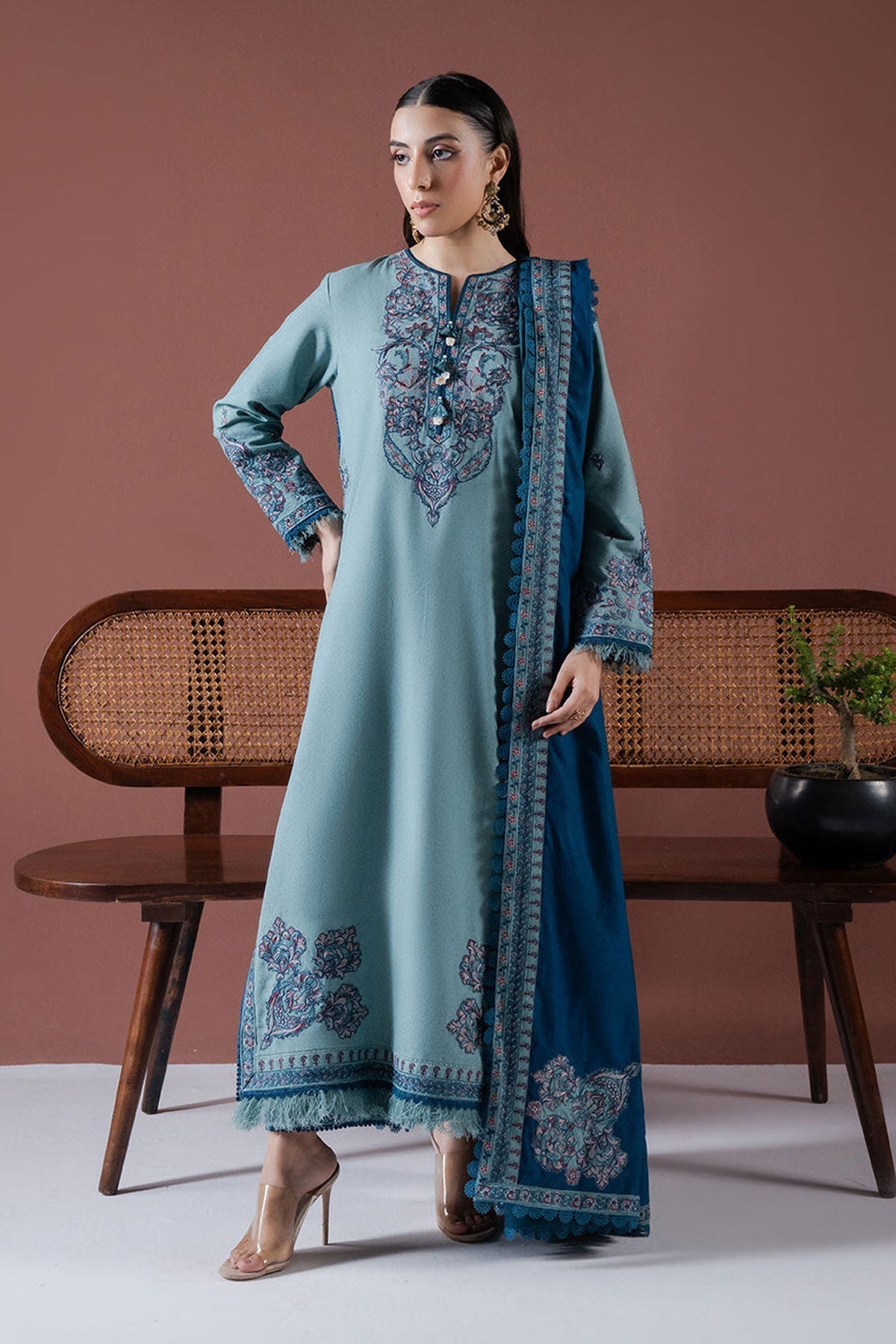 ASIM JOFA-3PC DHANAK EMBROIDERED SHIRT WITH DHANAK EMBROIDERED SHAWL & TROUSER-BIC-4217