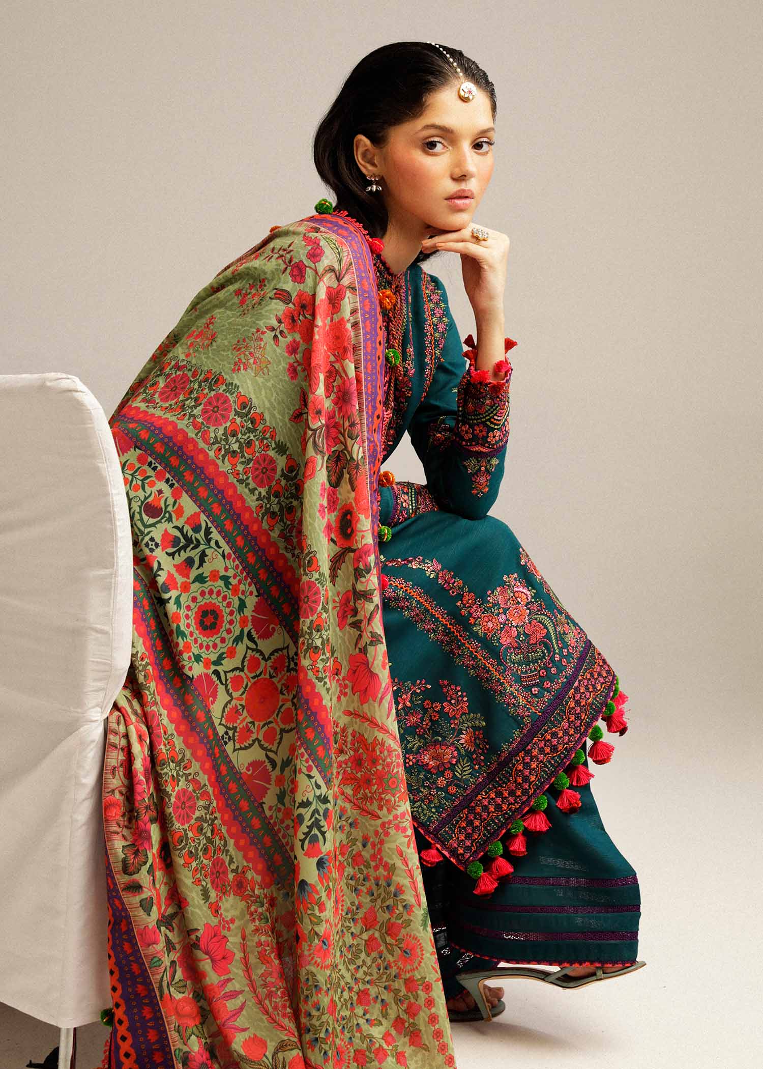 HUSSAIN REHAR LUXURY UNSTITCHED DHANAK EMBROIDERED 3PC WITH DHANAK MARINA READY TO WEAR SHAWL
