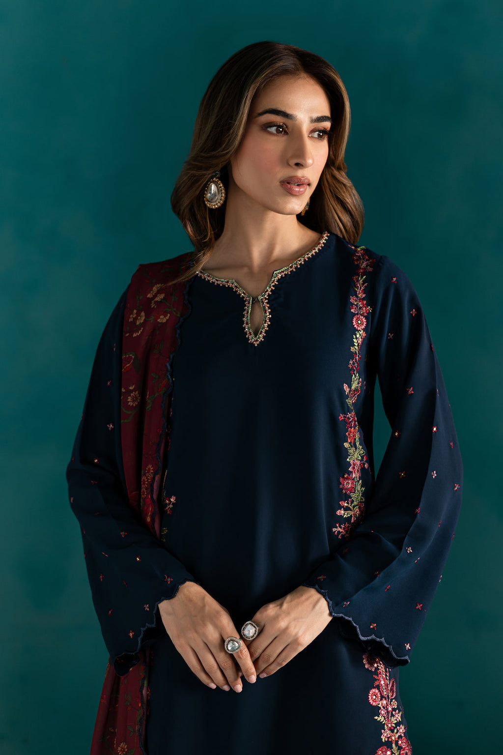 BATIK-3PC DHANAK EMBROIDERED SHIRT WITH COURTRAI PRINTED SHAWL & EMB TROUSER-WM-4231