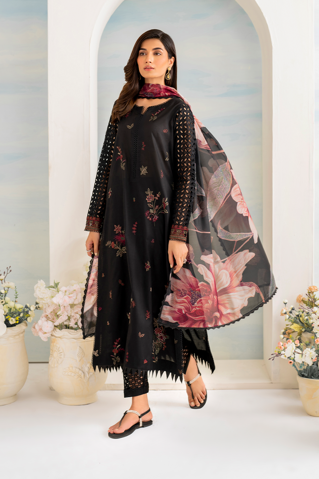 IZNIK- 3PC DHANAK EMBROIDERED SHIRT WITH COUTRAI PRINTED SHAWL AND EMB TROUSER-WM-4137