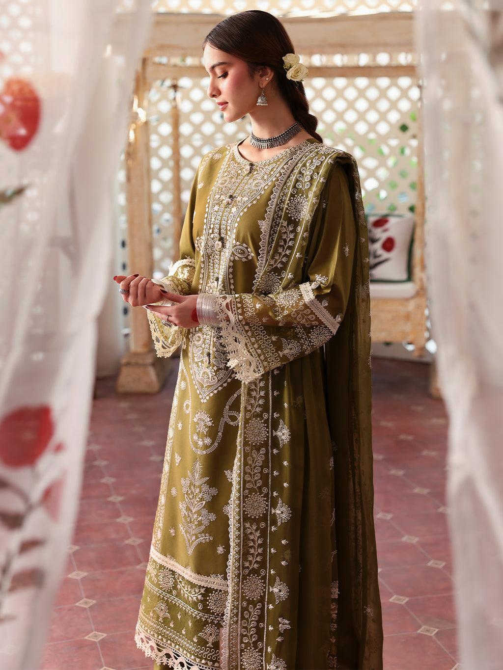 MAHNUR-3PC DHANAK EMBROIDERED SHIRT WITH DHANAK EMBROIDERED SHAWL & TROUSER-BIC-4033