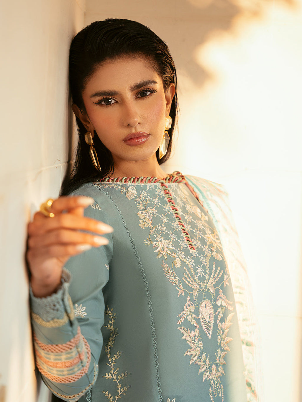 BIN ILYAS-3PC DHANAK SEQUENCE EMBROIDERED SHIRT WITH COUTRAI PRINTED SHAWL & DHANAK TOUSER-4122