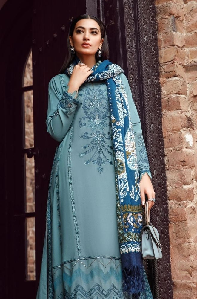 Maria B - 3PC Unstitched Dhanak Embroidered Shirt with Printed Pashmina Wool Shawl and Trouser