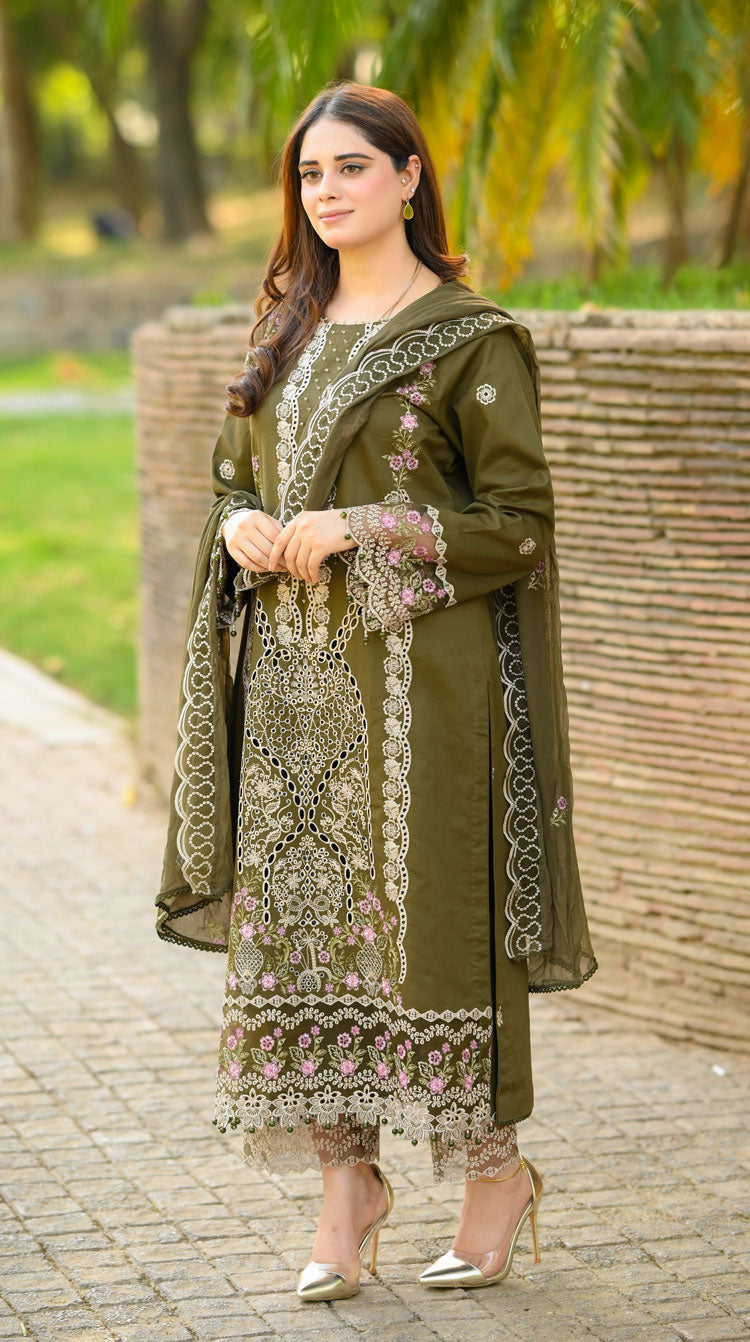 LIBAAS-3PC KARANDI EMBROIDERED SHIRT WITH KARANDI EMBROIDERED SHAWL & EMB TROUSER-WM-4298