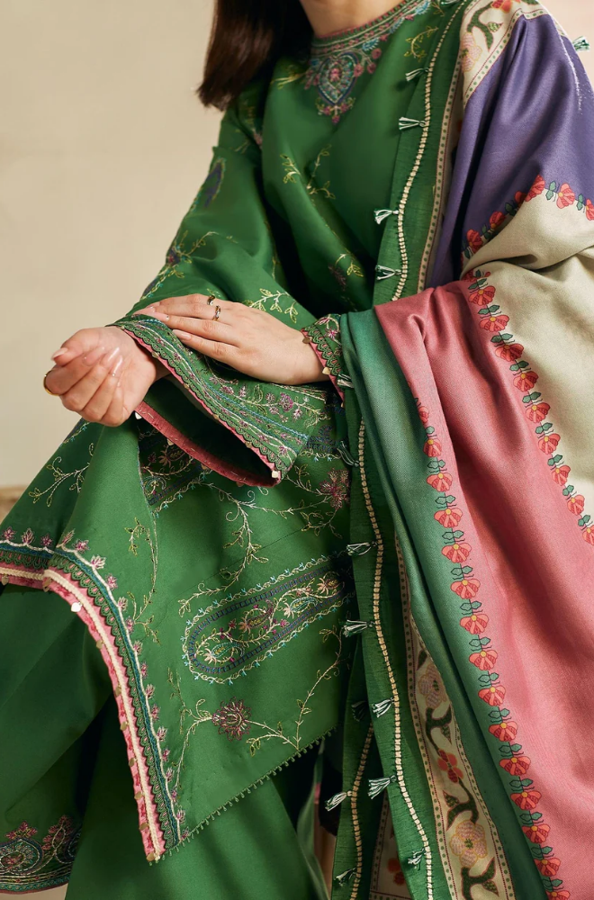 ZARA SHAH JAHAN - 3PC DHANAK EMBROIDERED SHIRT WITH PRINTED SHAWL AND TROUSER