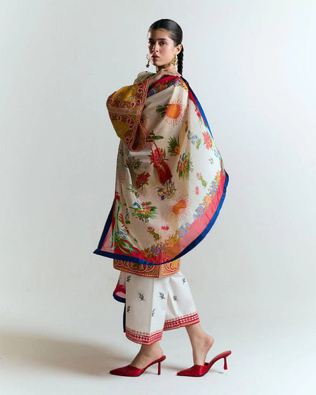 HUSSAIN REHAR - 3PC DHANAK HEAVY EMBROIDERED SHIRT WITH COURTRAI PRINTED SHAWL AND EMB TROUSER-WM-4212