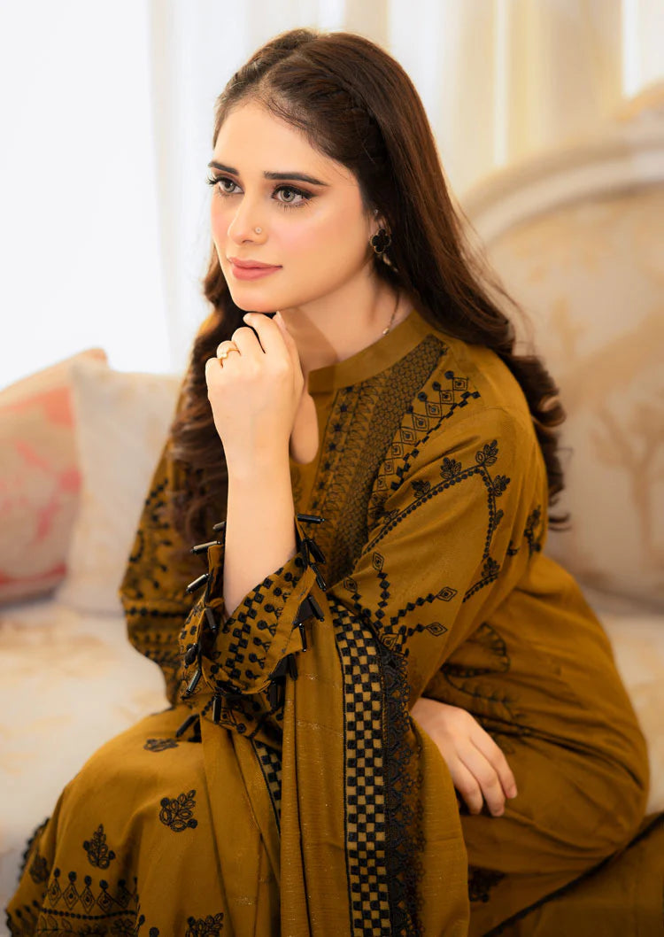 LIBAAS-3PC DHANAK EMBROIDERED SHIRT WITH DHANAK EMBROIDERED SHAWL & EMB TROUSER