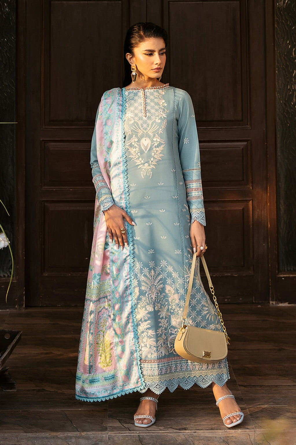 BIN ILYAS-3PC DHANAK SEQUENCE EMBROIDERED SHIRT WITH COUTRAI PRINTED SHAWL & DHANAK TOUSER-4122