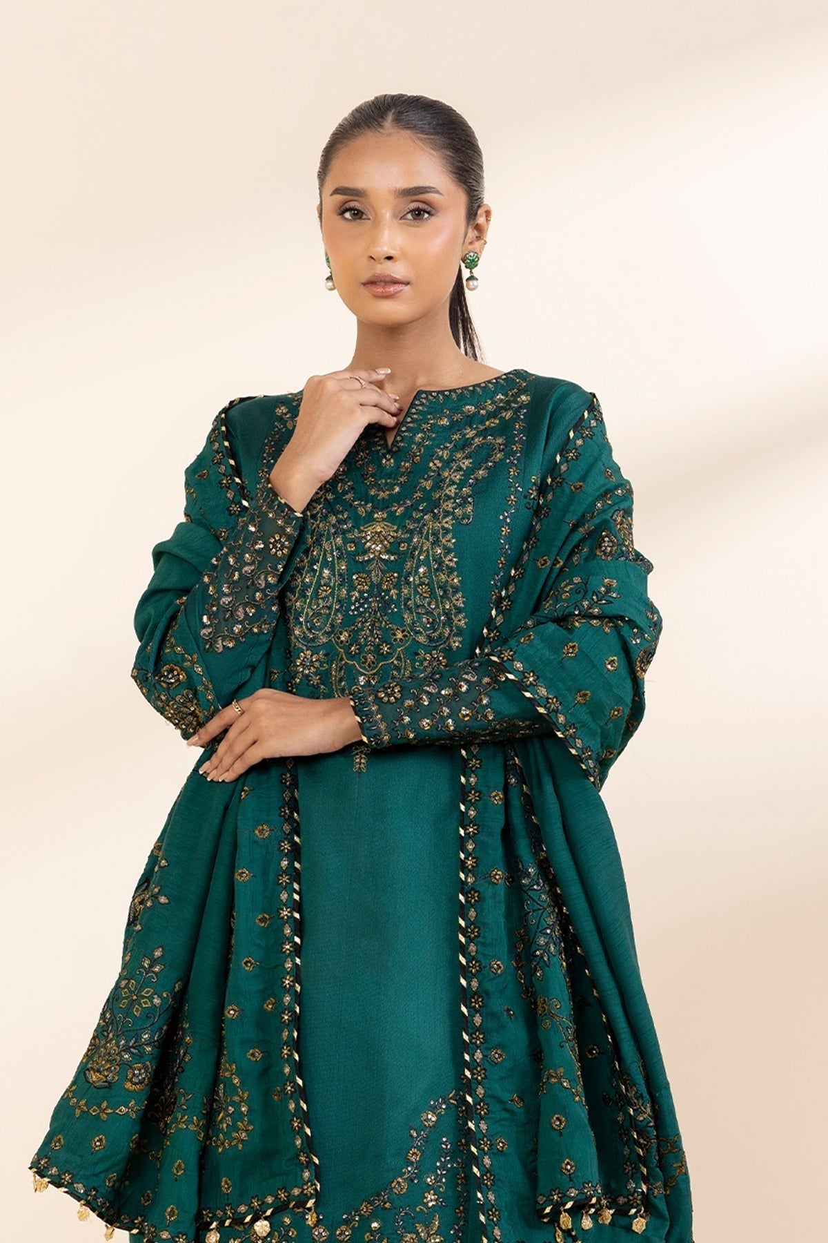 SAPPHIRE-3PC DHANAK EMBROIDERED SHIRT WITH DHANAK EMBROIDERED SHAWL AND TROUSER WM-4225