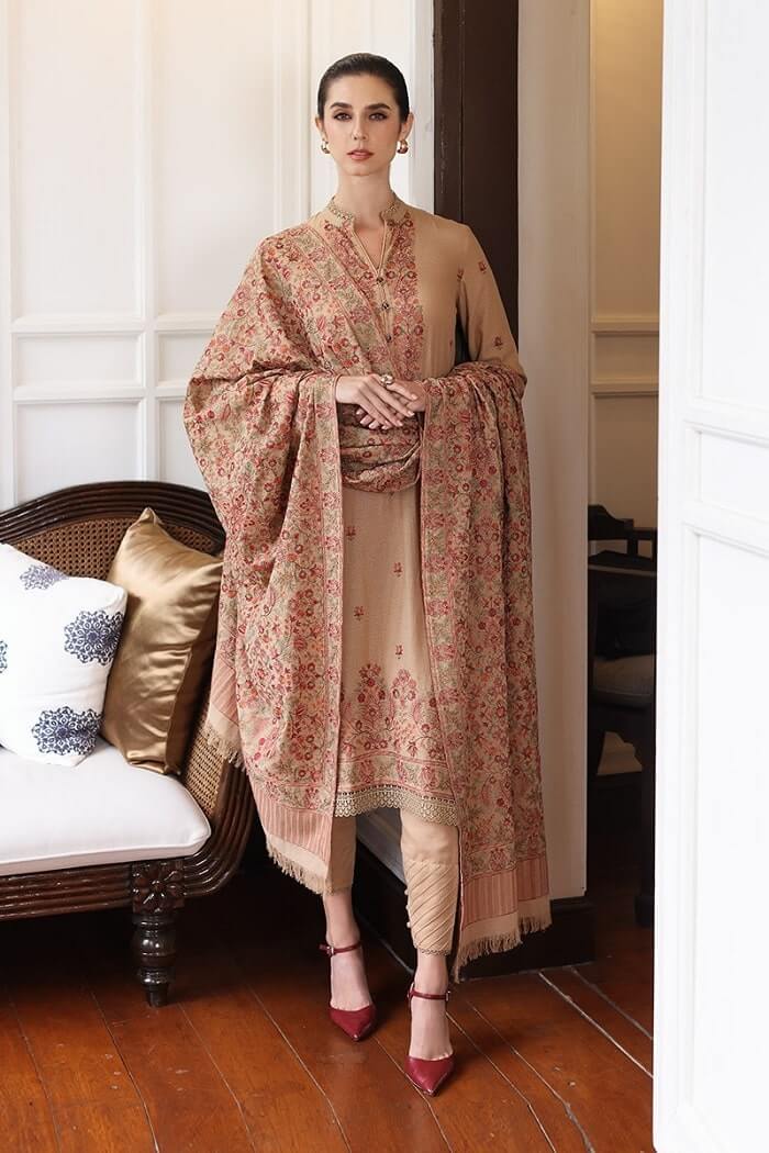 BAREEZE WINTER DHANAK UNSTITCHED 3PC WITH HEAVY EMBROIDERED SHAWL