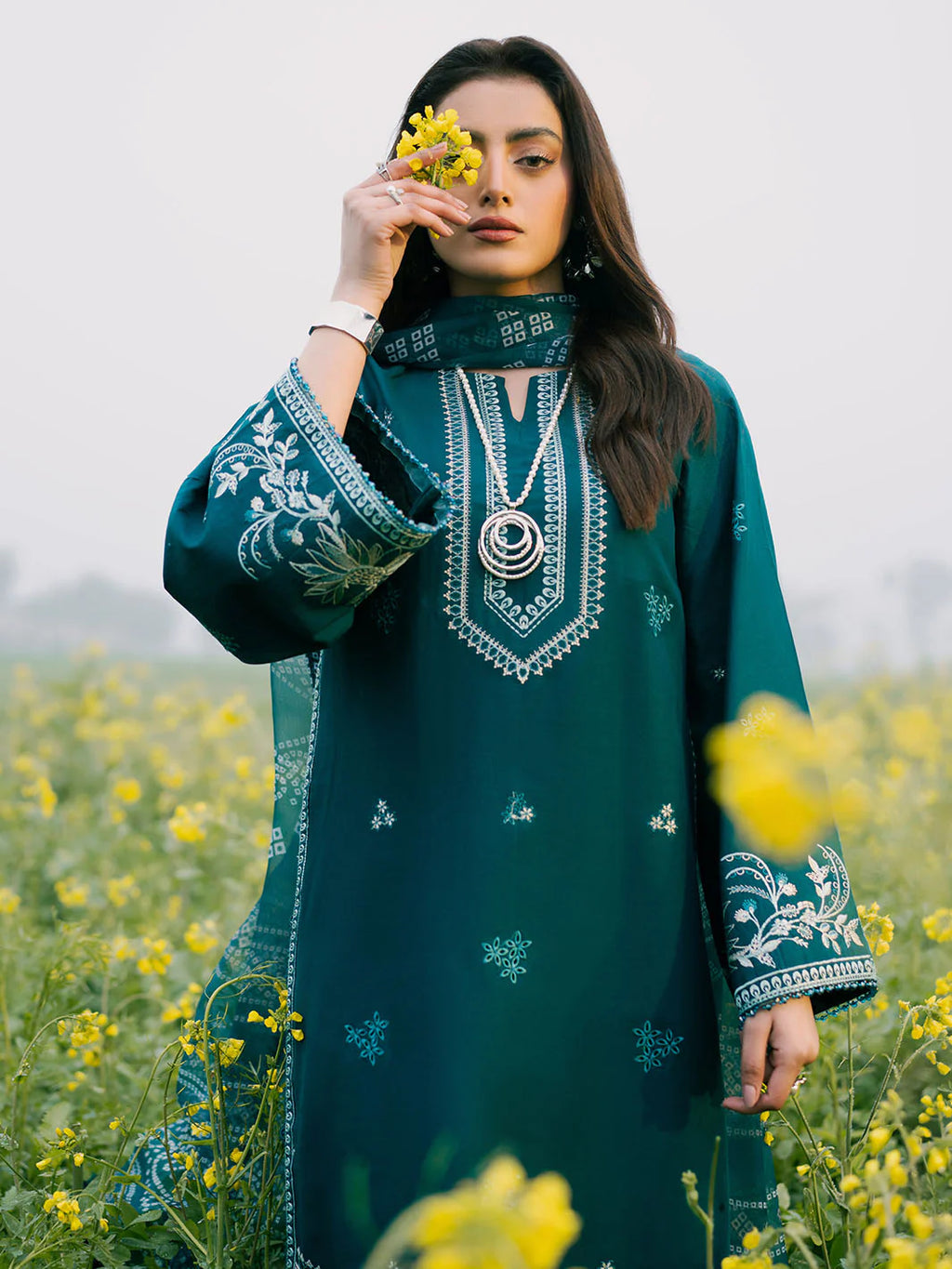 IZEL-3PC DHANAK EMBROIDERED SHIRT WITH COURTRAI PRINTED SHAWL AND TROUSER-BIC-4107