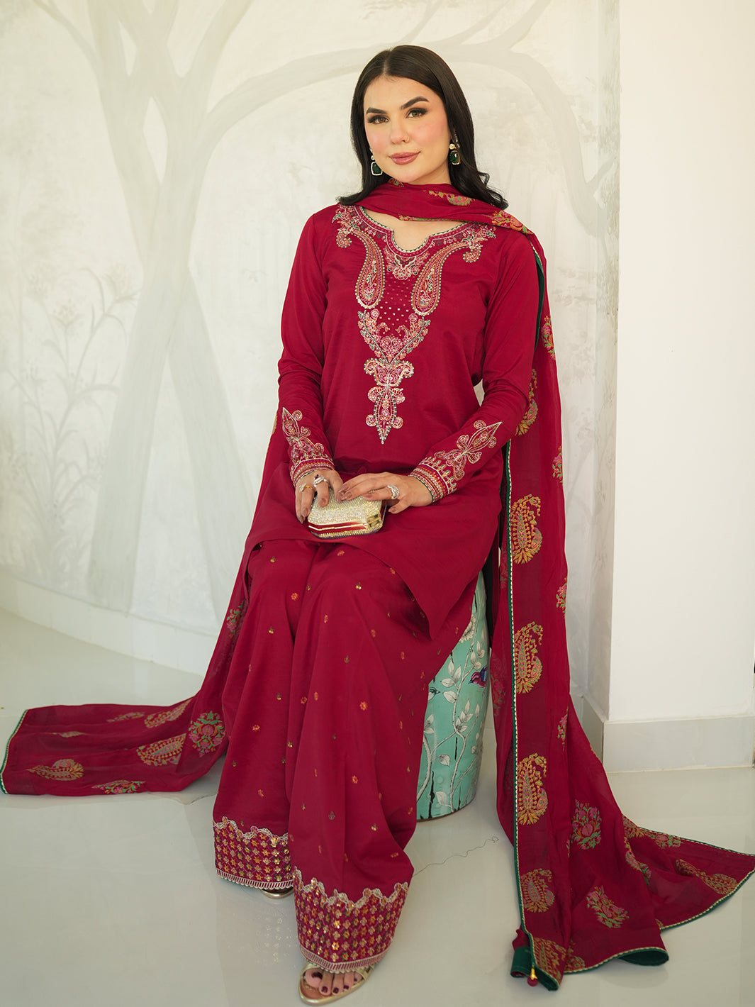 NOOR -E -KHAS Unstitched Dhanak 3PC With Printed Shawl & EMBROIDERED TROUSER