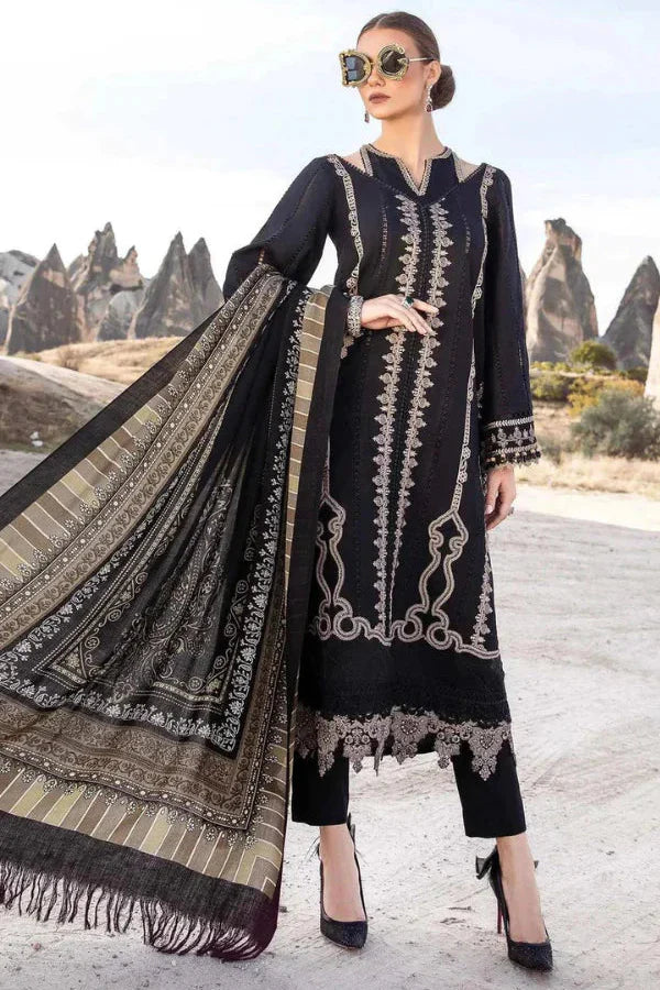 Maria B - 3PC Unstitched Dhanak Embroidered Shirt with Printed Pashmina Wool Shawl and Trouser