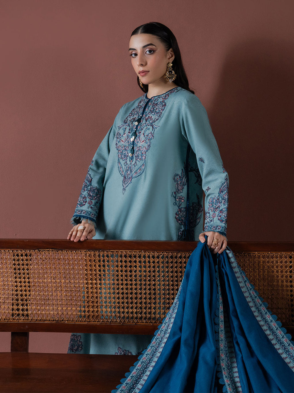 ASIM JOFA-3PC DHANAK EMBROIDERED SHIRT WITH DHANAK EMBROIDERED SHAWL & TROUSER-BIC-4217