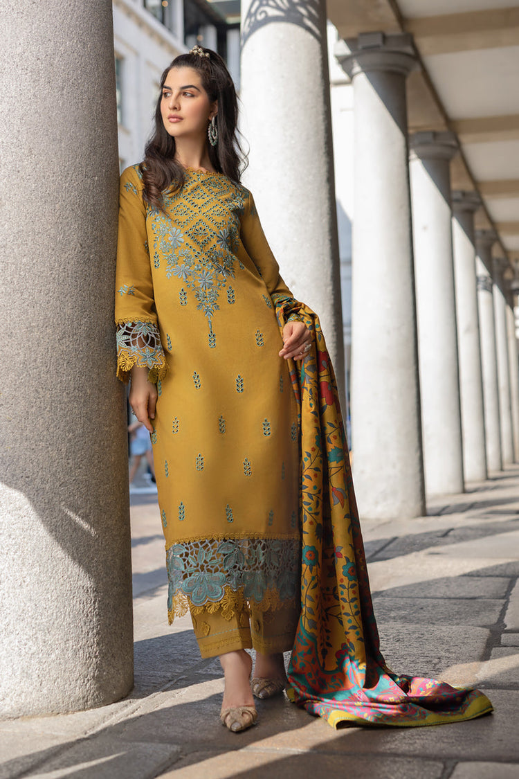 RANG RASIYA-3PC DHANAK EMBROIDERED SHIRT WITH COURTRAI PRINTED SHAWL AND TROUSER-WM-4159