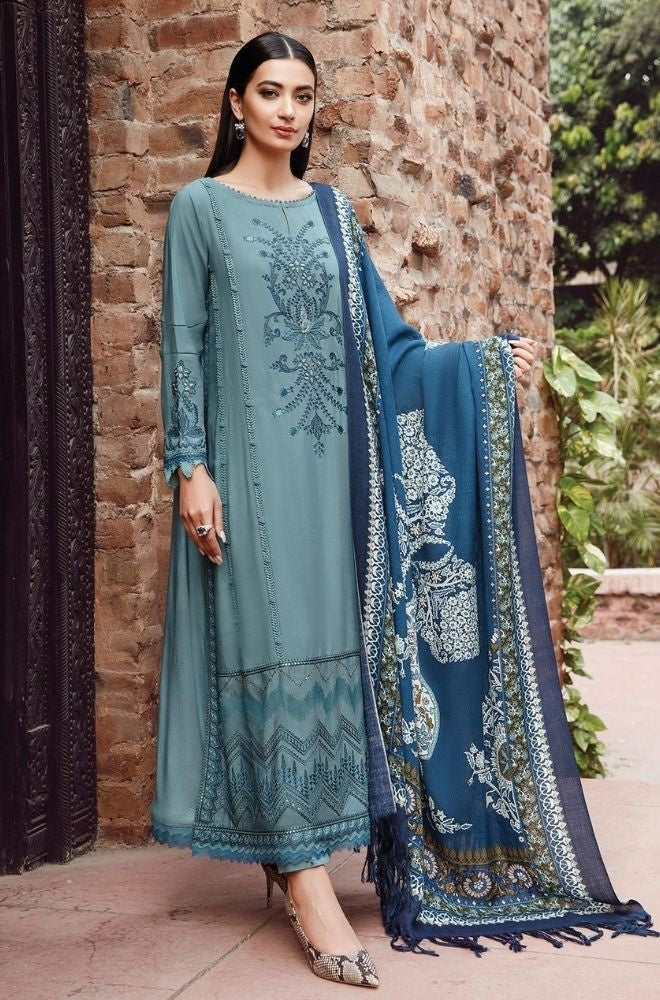 Maria B - 3PC Unstitched Dhanak Embroidered Shirt with Printed Pashmina Wool Shawl and Trouser