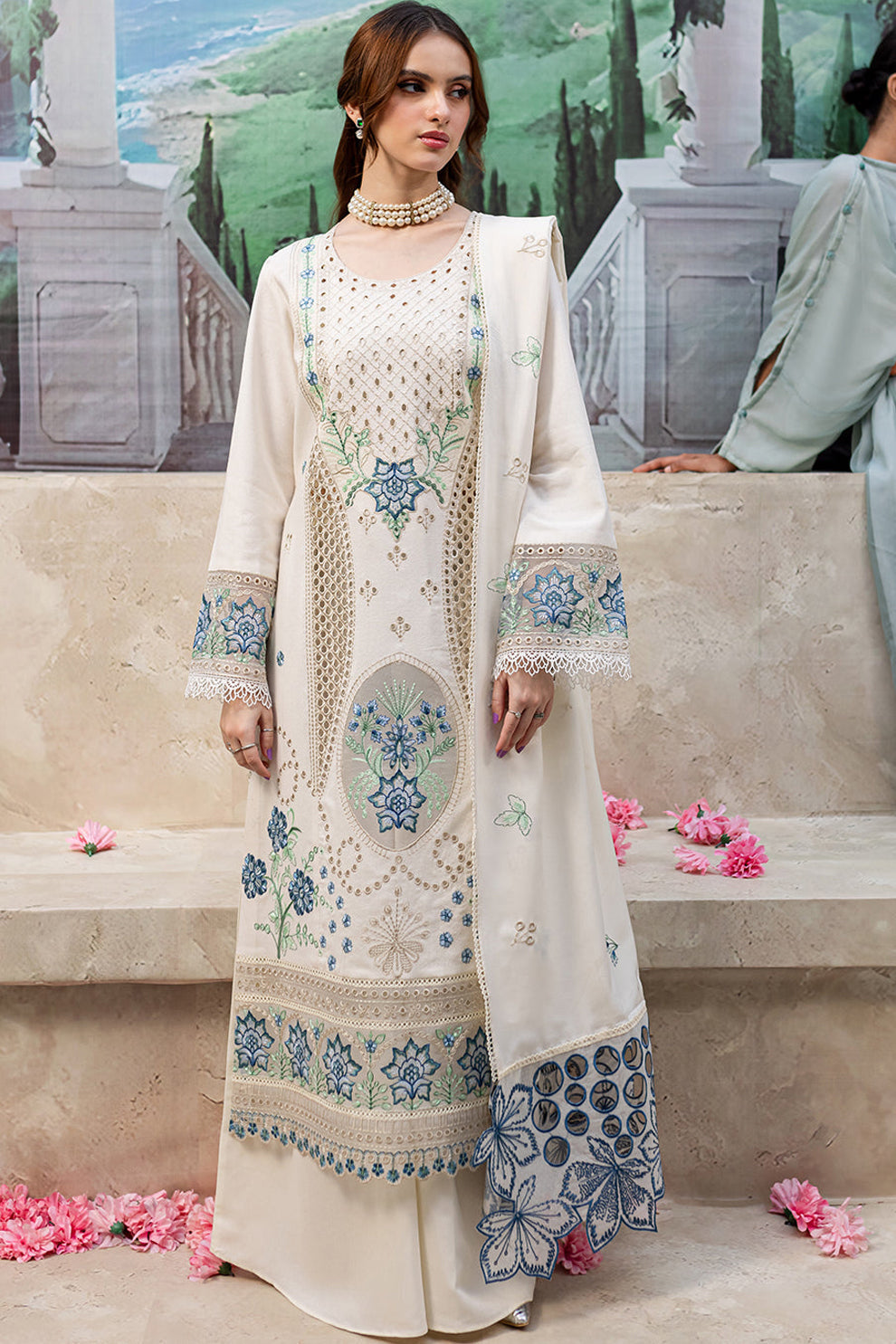 MAHNUR- WINTER UNSTITCHED DHANAK EMBROIDERED 3PC WITH LASER WORK EMBROIDERED SHAWL