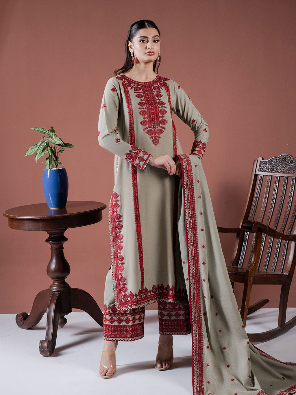 ASIM JOFA-3PC DHANAK EMBROIDERED SHIRT WITH DHANAK EMBROIDERED SHAWL AND EMB TROUSER-WM-4001